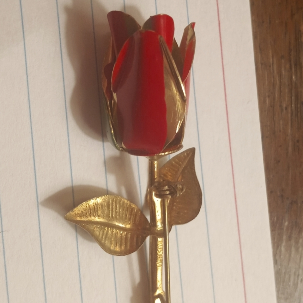 Vintage Gold Toned Red Rose Pin Made In Austria
